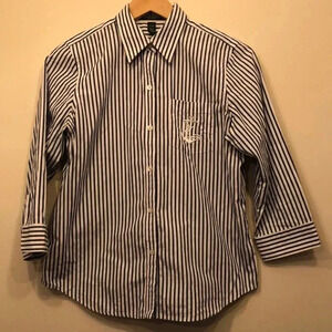 Ralph Lauren Button Down Shirt Blue Stripe Petite Anchor Embroider Logo Preppy